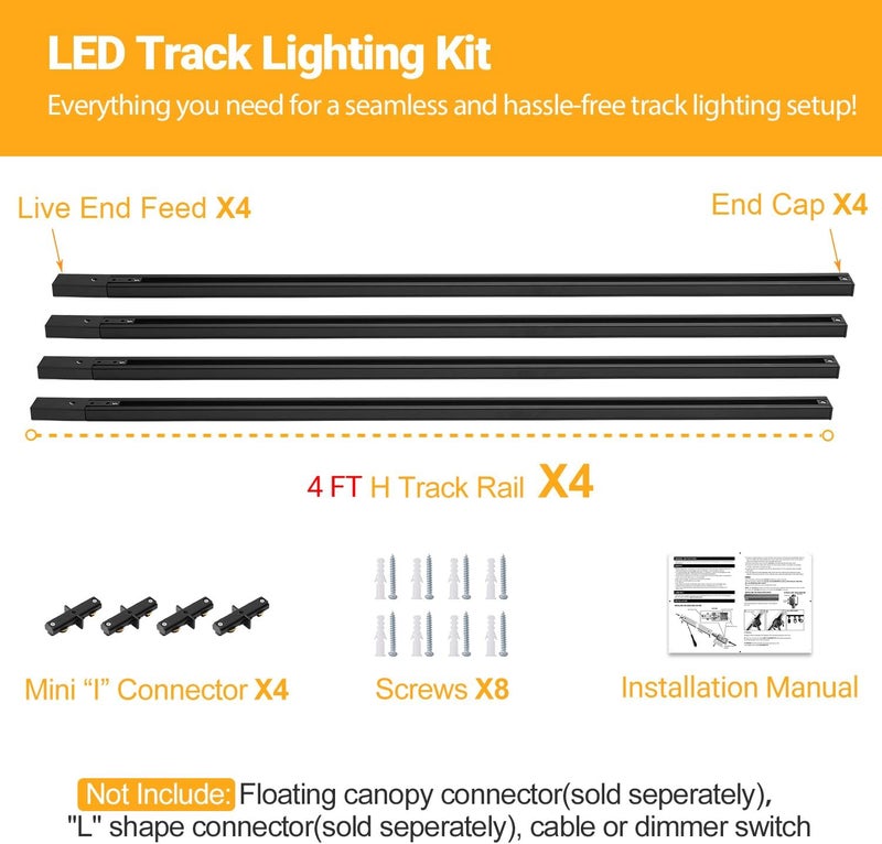 VANoopee 16FT H Track Lighting System - Black Rail Kit With End Caps & Live End Feed Connector - Compatible With Single Circuit 120V H Style Track Heads - Image 2